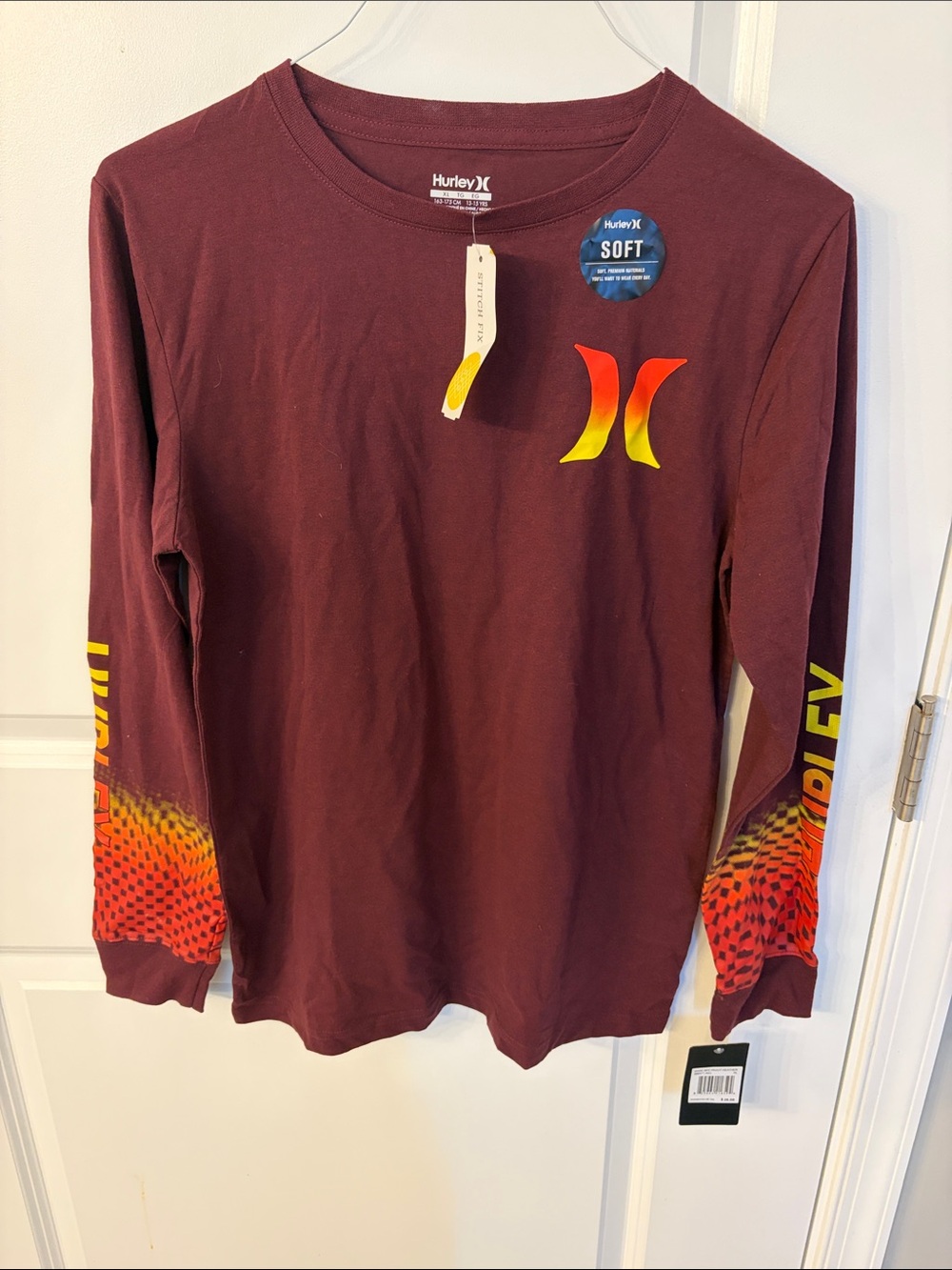 Hurley Maroon Long-Sleeve Tee with Orange-Yellow Logo